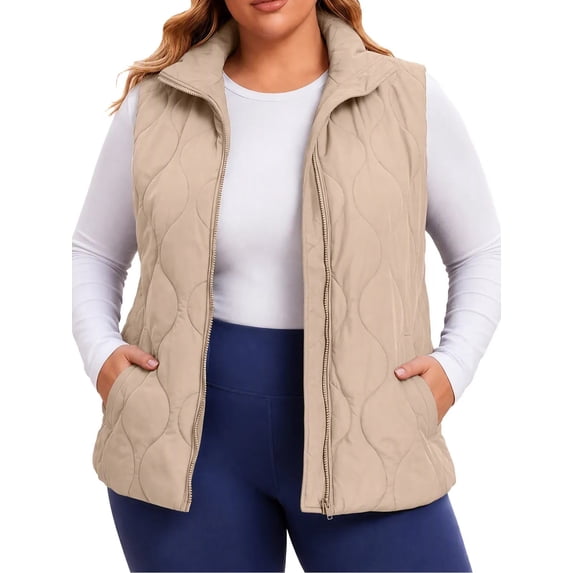Plus Size Vest for Women Baeitkot Solid Color Zip Up Sleeveless Outerwear with Pockets Warm Casual Streetwear Khaki XXL