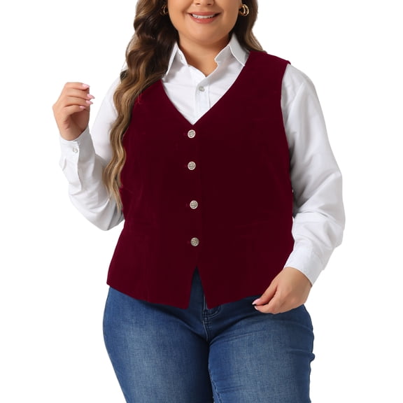 Plus Size Vests for Women Waistcoat Steampunk Velvet Sleeveless Button Down V Neck Suit Vests 2X Burgundy