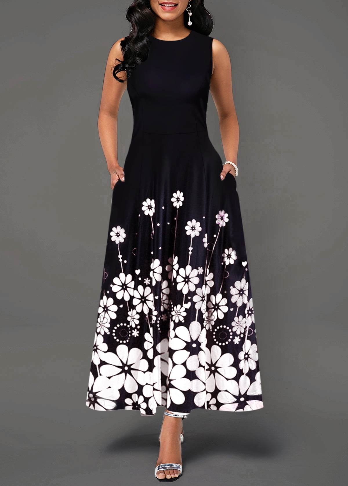 Plus Size Boho Bouquet Black Maxi Dress