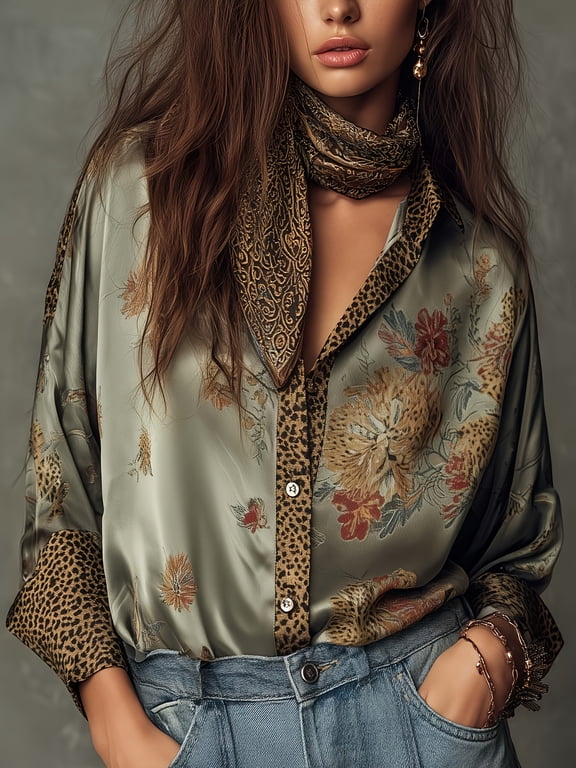 Plus Size Vintage Floral Leopard Satin Shirt, Long Sleeve Contrast Trim Loose Fit Elegant Casual Office Blouse
