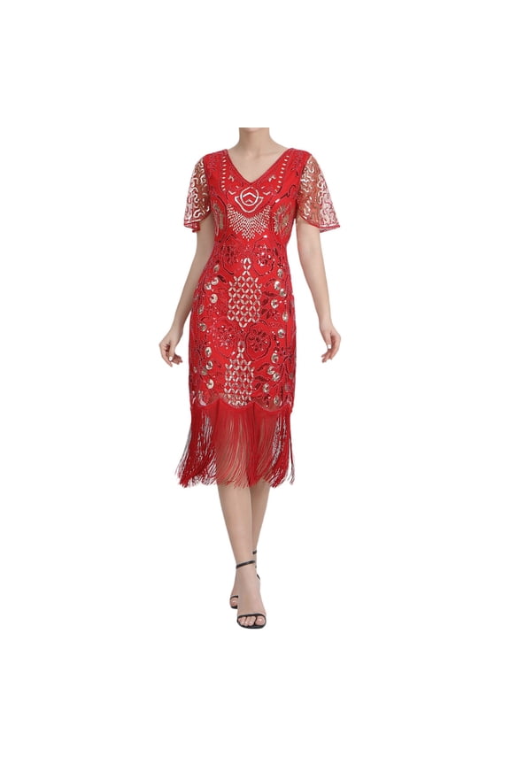 Plus Size Vintage Fringed Personality Vintage Sequin Beaded Tassels Hem Flapper Dress For Women