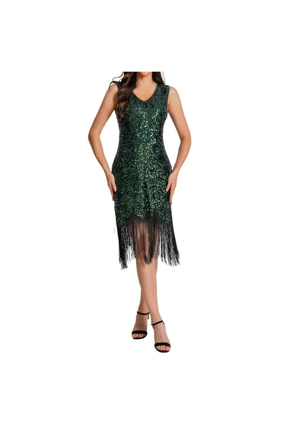 Plus Size Vintage Fringed Personality Vintage Sequin Beaded Tassels Hem Flapper Dress For Women