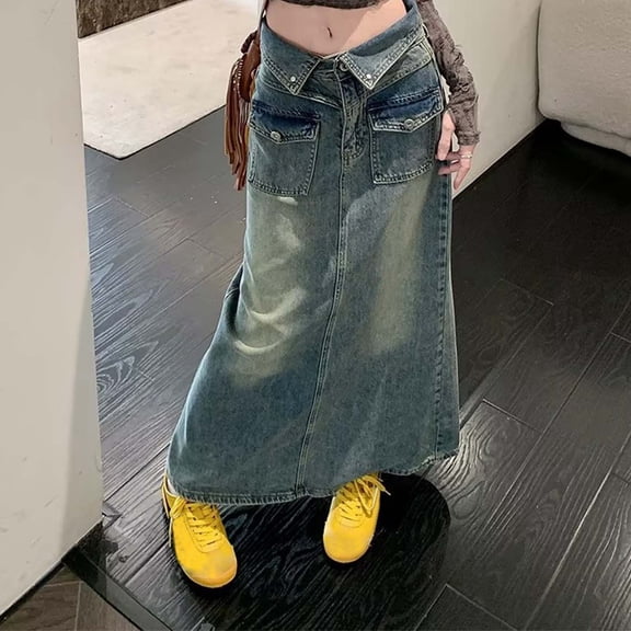 Plus Size Vintage Split Hem Denim Skirt For Women High Waist Midi Length A Line Skirt Skirt Bathing Suits for Women plus Size Leather Skirt plus Size Denim Skirt Pencil Skirts for Women below Knee