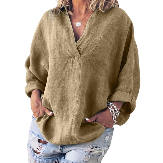 Plus Size Vintage Winter Loose Baggy Casual Tunic Top Blouse For Women Casual Autumn Thin Long Sleeve V-Neck Kaftan Basic Tee Tops
