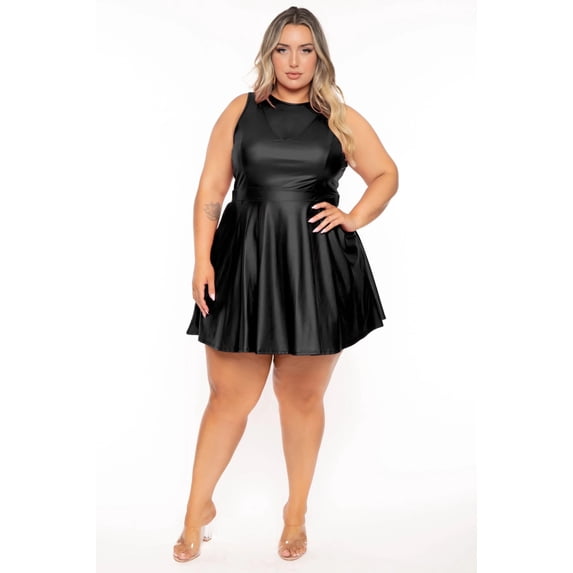 Plus Size Vixen Faux Leather Flare Dress - Black