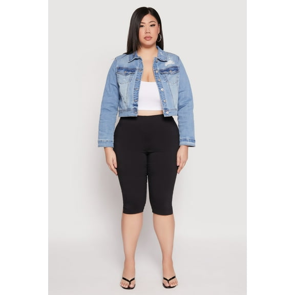 Womens Plus Size WAX Distressed Cropped Denim Jacket