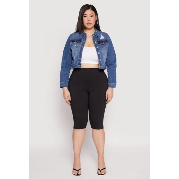 Womens Plus Size WAX Distressed Cropped Denim Jacket