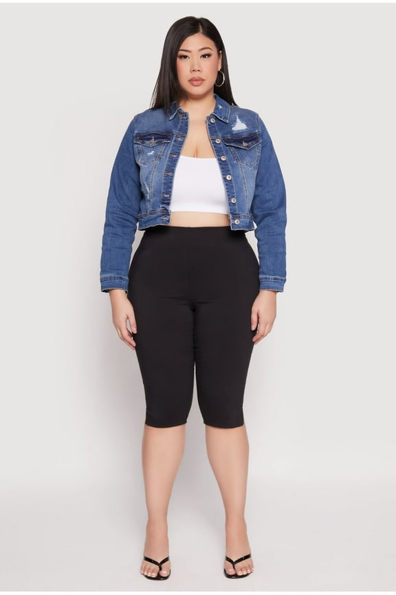 Womens Plus Size WAX Distressed Cropped Denim Jacket