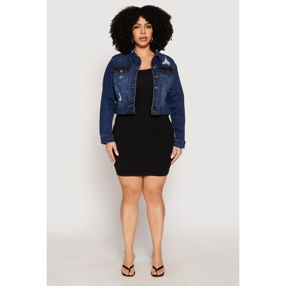Womens Plus Size WAX Distressed Cropped Denim Jacket