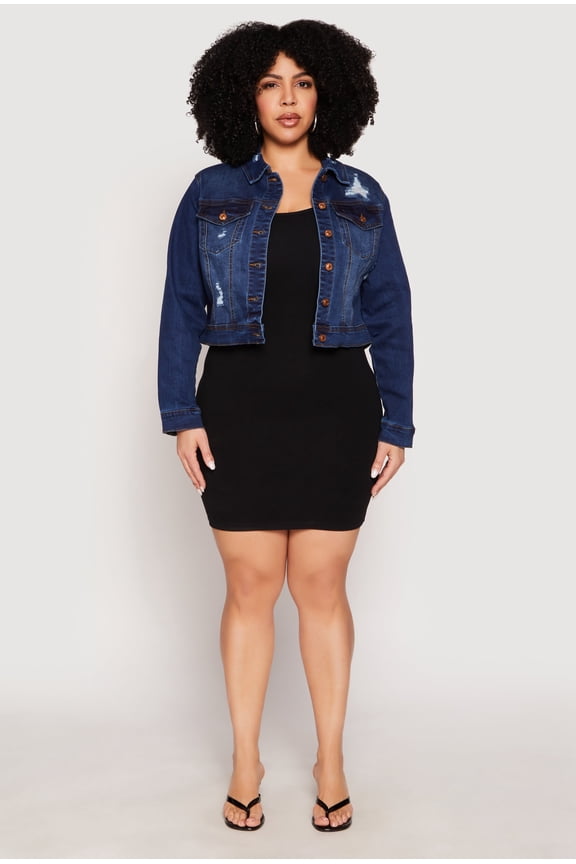 Womens Plus Size WAX Distressed Cropped Denim Jacket