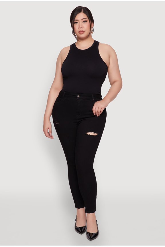 Womens Plus Size WAX Distressed High Rise Skinny Jeans