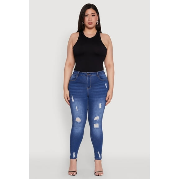 Womens Plus Size WAX High Rise Distressed Push Up Skinny Jeans