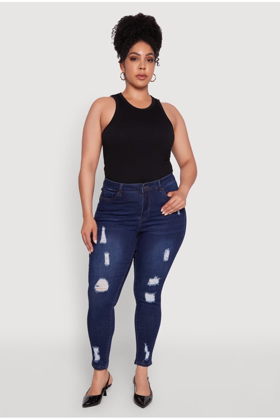Womens Plus Size WAX High Rise Distressed Push Up Skinny Jeans