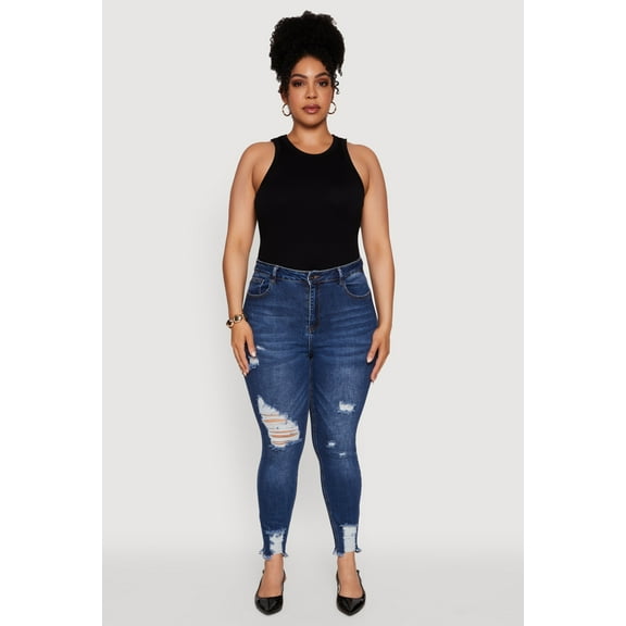 Womens Plus Size WAX High Waist Ripped Skinny Jeans