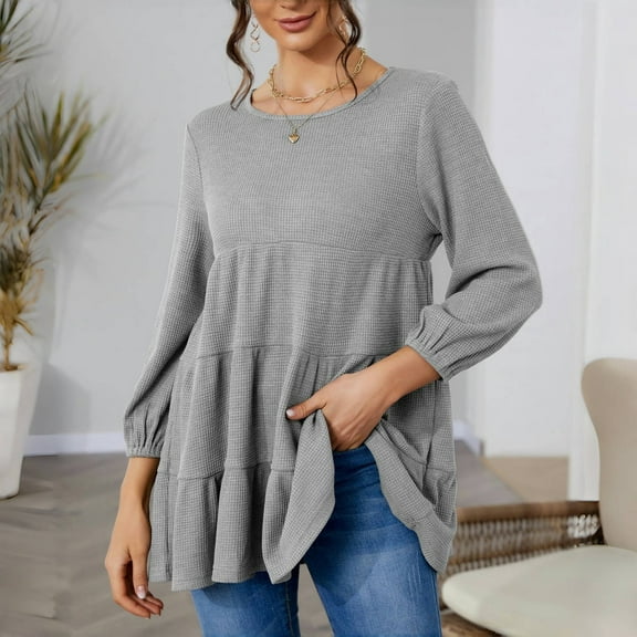 Plus Size Waffle Knit Shirts for Women Casual Solid Color Long Sleeve Flowy Pullover Tops ,S-3XL