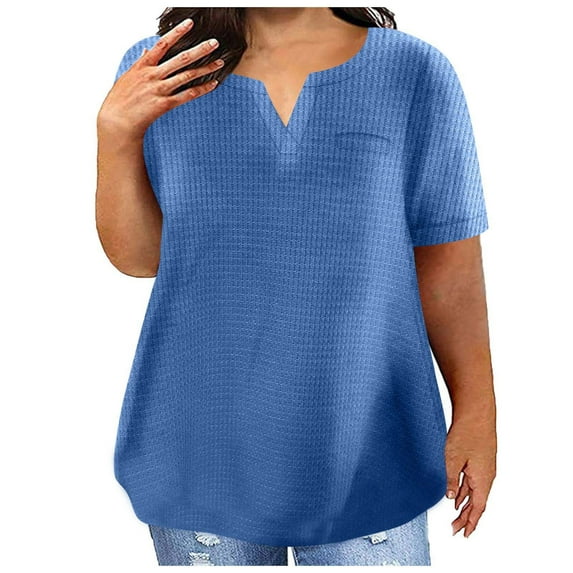 Plus Size Waffle Knit T Shirts for Women Loose Fit Summer Top Short Sleeve V Neck Casual Solid Color Tee Tshirts L-5XL (4XL, Blue)