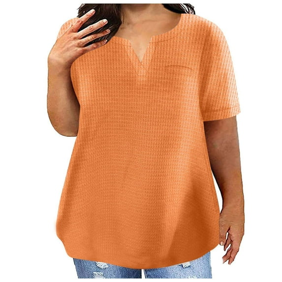 Plus Size Waffle Knit T Shirts for Women Loose Fit Summer Top Short Sleeve V Neck Casual Solid Color Tee Tshirts L-5XL (XXL, Orange)