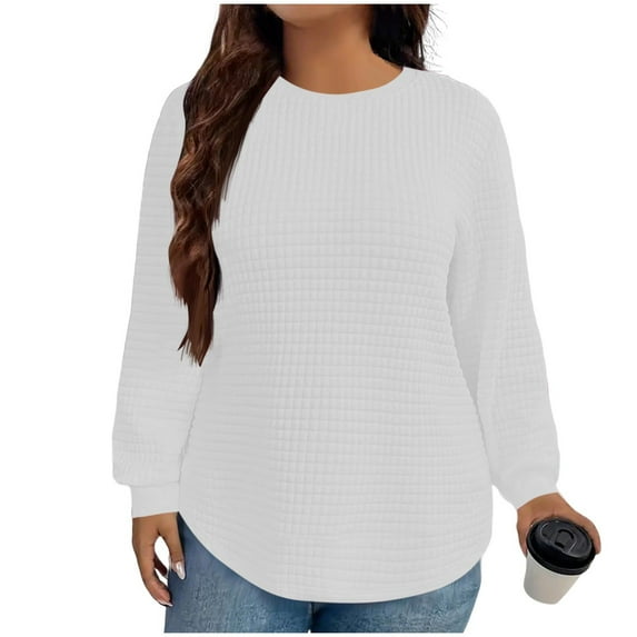 Plus Size Waffle Sweatshirts for Women Fall Winter Fashion Long Sleeve Pullover Loose Fit Crewneck Blouse Tops White XXXXL