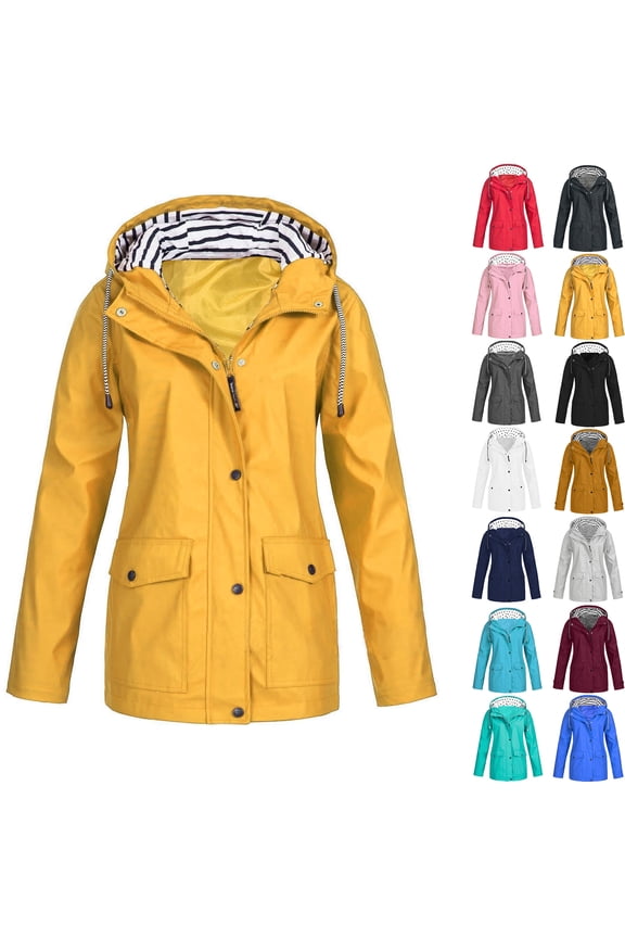 Plus Size Waterproof Hooded Raincoat Windproof Women Solid Rain Jacket Outdoor Plus Size Hooded Raincoat Windproof Yellow M Fall