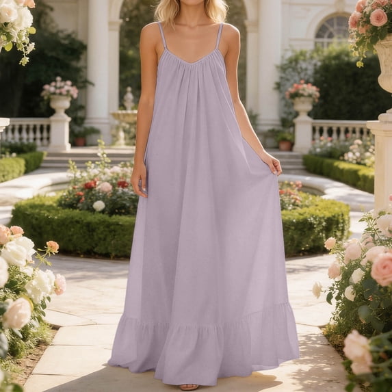 Plus Size Wedding Dress Womens Flowy Cami Dress Summer Casual Backless Sleeveless Boho Spaghetti Strap Loose Fitting Ruffle Beach Maxi Dresses Purple L
