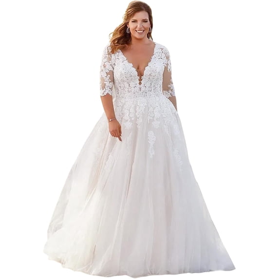 Plus Size Wedding Dresses for Bride V-Neck Lace Applique Long Sleeve A ...