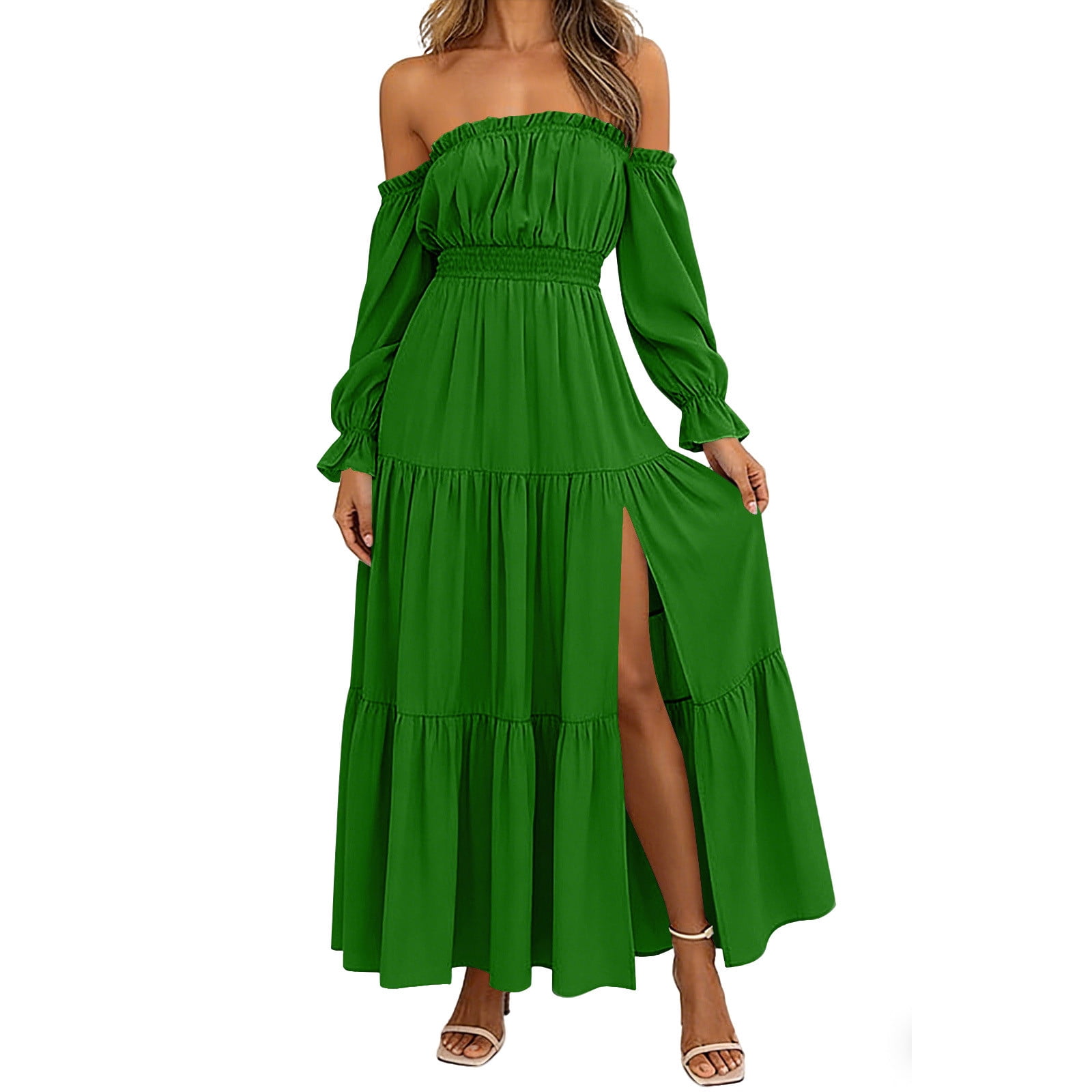 Plus Size Off-Shoulder Maxi Dress – Ruffle Smocked Wedding Guest Cocktail Dress With Slit, Flowy Summer Gown For Curvy Women