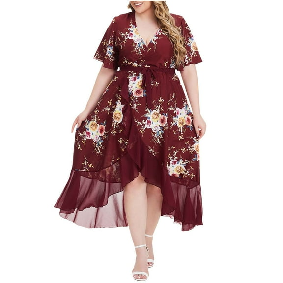 Plus Size Wedding Guest Dresses for Curvy Women Floral Flutter High Low Dresses Chiffon Ruffle Party Gowns Wine, 3XL