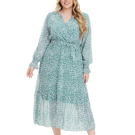 Plus Size Wedding Guest Dresses for Curvy Women Floral Long Sleeve Mother of Bride Dress Elegant Chiffon Party Gowns Green, 4XL