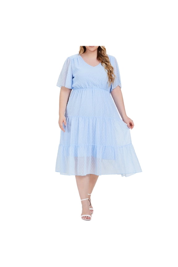 Plus Size Wedding Guest Dresses for Curvy Women Dot Formal Tiered Long Dresses Flutter Summer Party Gowns Sky Blue, 5XL