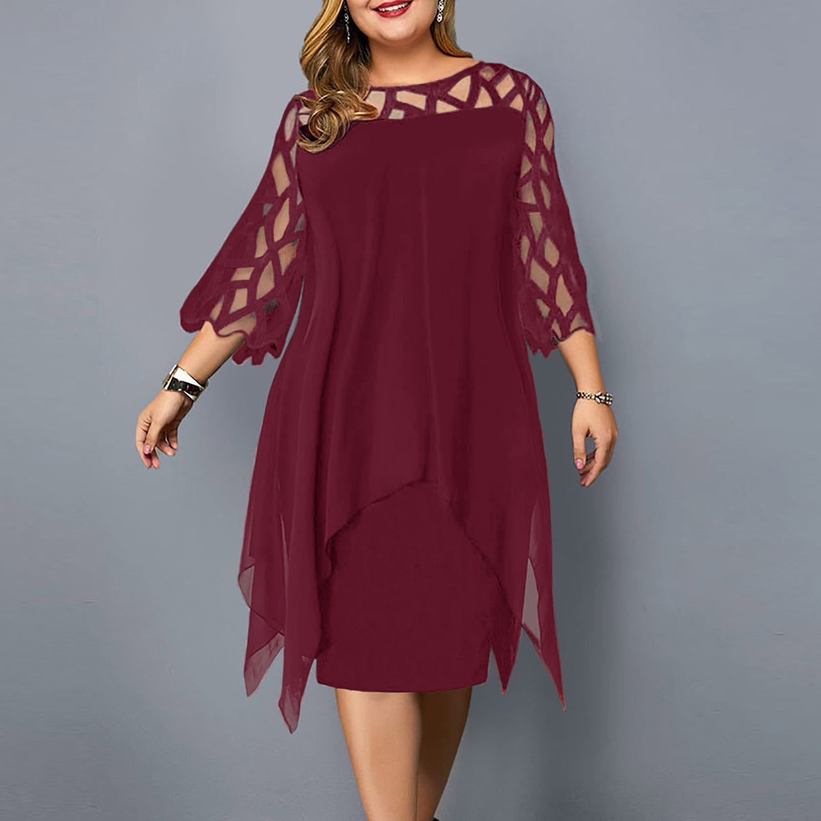 Plus Size Wedding Guest Dresses for Women Casual Long Sleeve A-Line ...