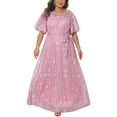 thumbnail image 1 of Agnes Orinda Women's Plus Size Easter Wedding Guest Dress Ruffled Short Sleeves Mesh Embellishment Evening Gowns Formal Party Maxi Dresses with Belt 3X Pink, 1 of 6