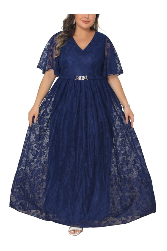 Women's Plus Size Valentines Day Wedding Guest Dress Ruffled Short Sleeves Mesh Embellishment Evening Gowns Formal Party Maxi Dresses with Belt 4X Navy Blue