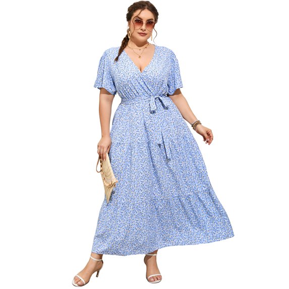 Plus Size Wedding Guest Maxi Dresses for Curvy Women, Summer Casual Floral Long Party Sundress with 3/4 Sleeve