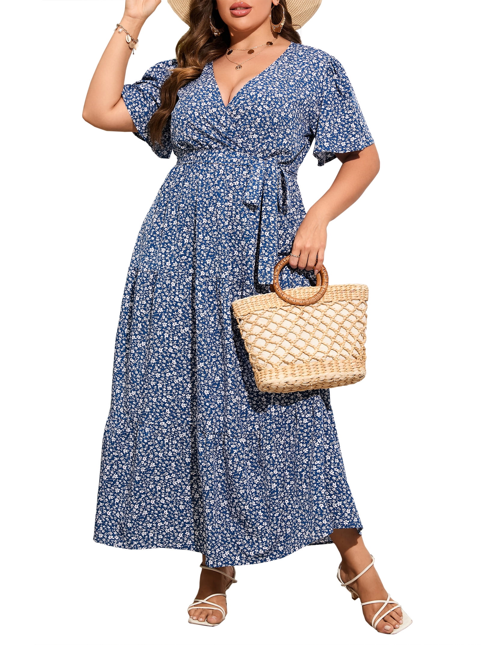 Plus Size Dress Keluummi Plus Size Boho Floral Midi Dress - Empire Waist Sundress For Curvy Women Empire Waist Wedding Guest Dress