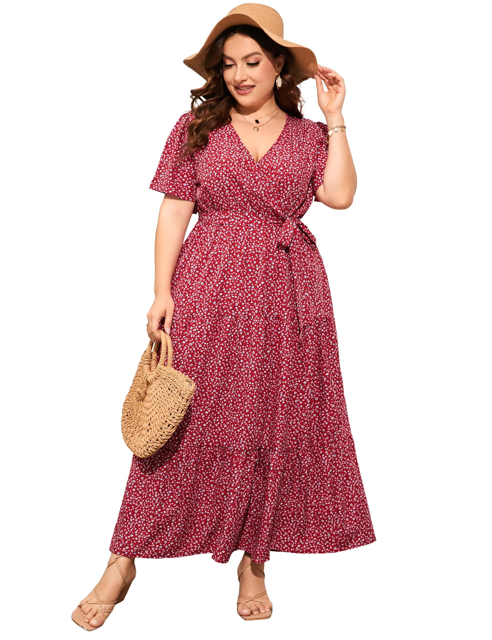 Keluummi Plus Size Floral Maxi Dress For Women - 3/4 Sleeve Wedding Guest Dress With Pockets, Boho Summer Dress