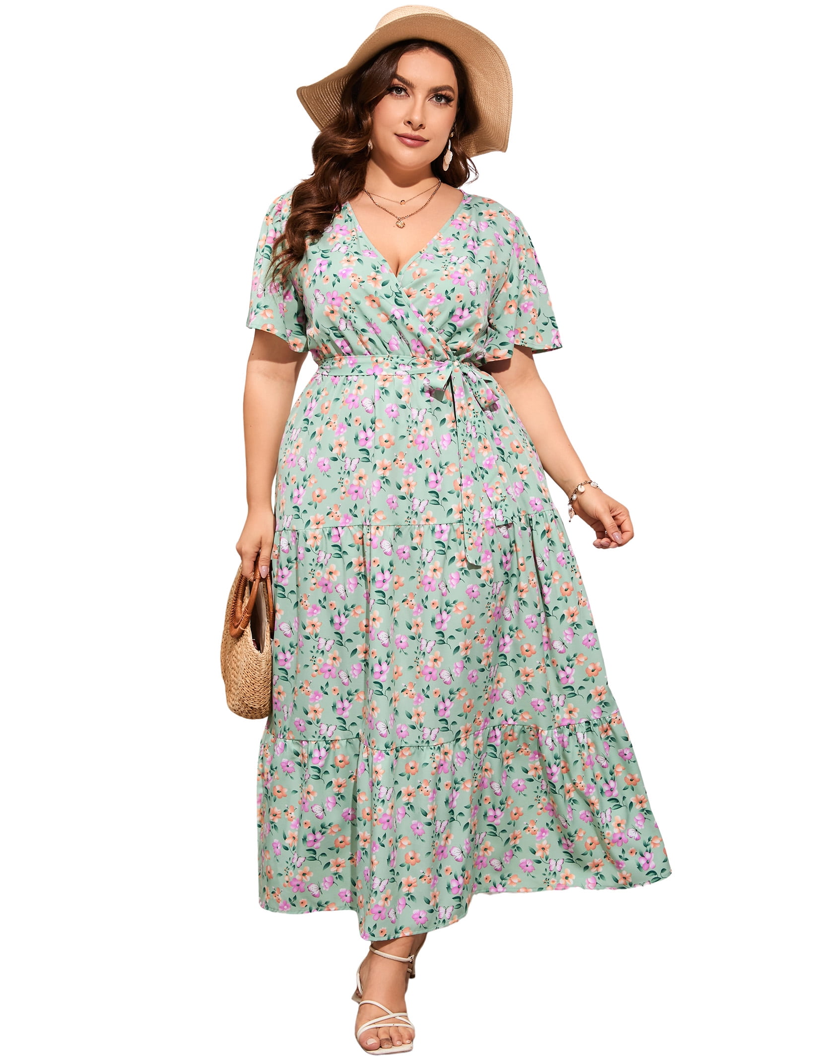 Plus Size Summer Maxi Dress For Women - 3/4 Sleeve A-Line Sundress With Pockets | Boho Floral Casual & Wedding Guest Dress