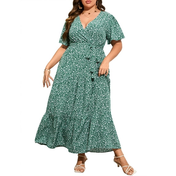 Plus Size Wedding Guest Maxi Dresses for Curvy Women, Summer Casual Floral Long Party Sundress with 3/4 Sleeve