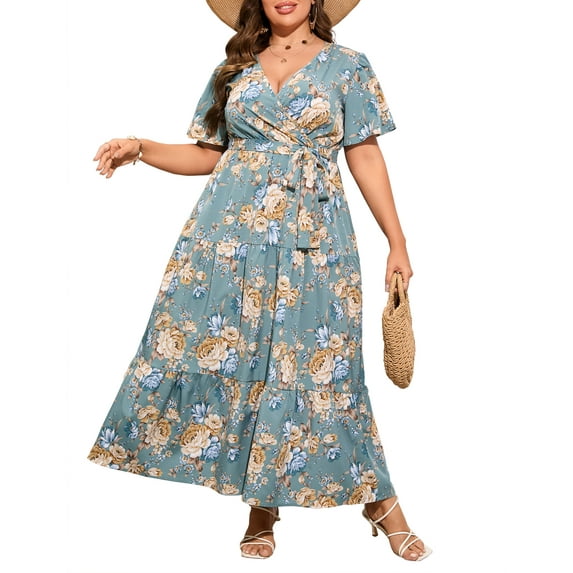 Plus Size Wedding Guest Maxi Dresses for Curvy Women, Summer Casual Floral Long Party Sundress with 3/4 Sleeve