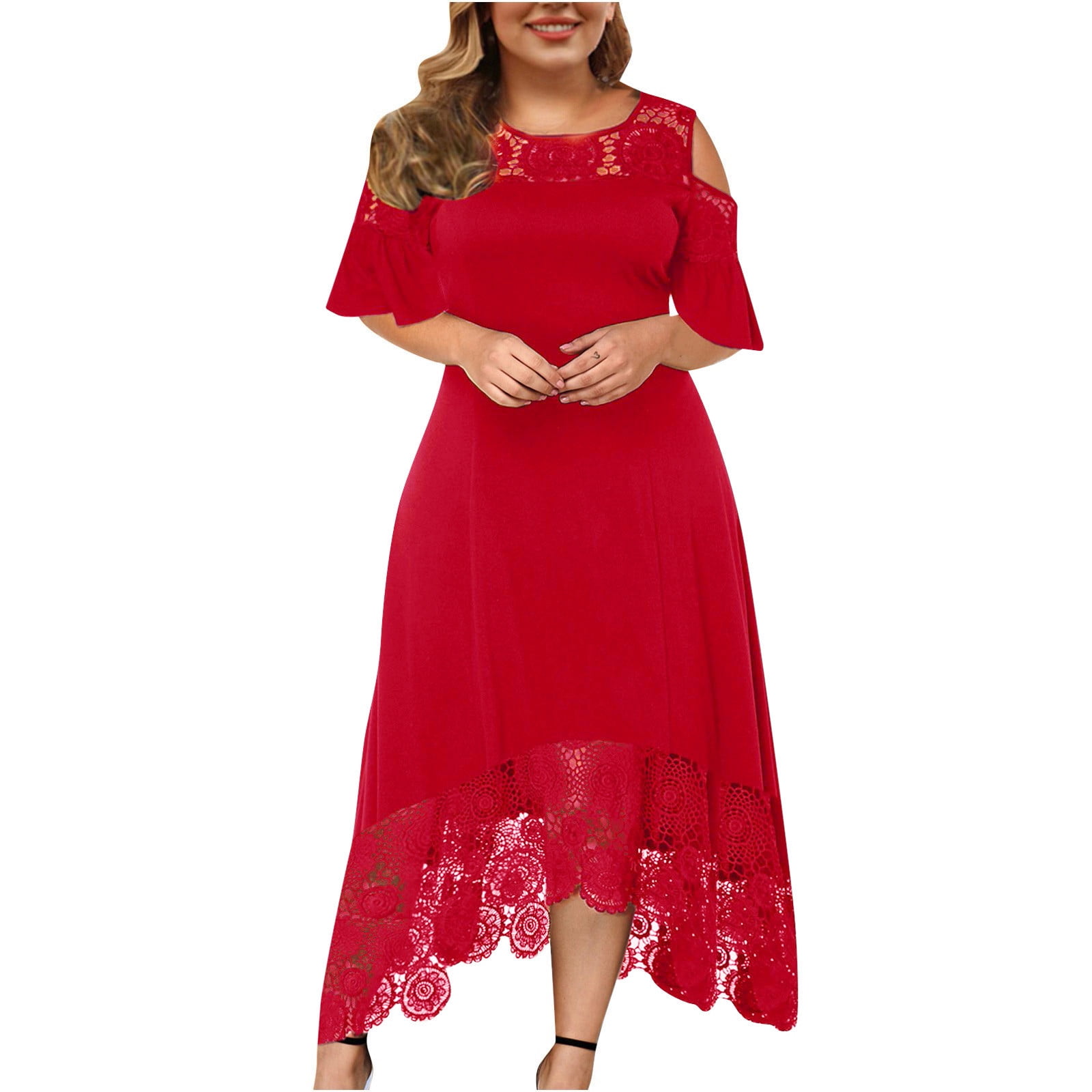Plus Size Wedding Guest Summer Dresses Sexy Off Shoulder Lace Maxi Long Dress Flowy Short Sleeve
