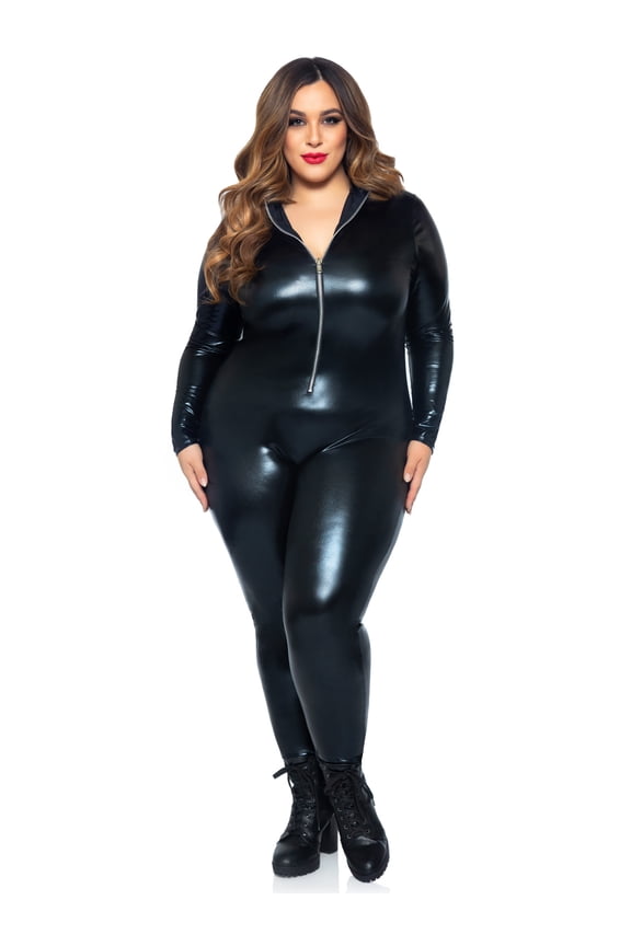 Plus Size Wet Look Faux Leather Zipper Front Catsuit