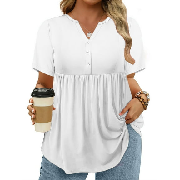 Plus Size White Top Casual V Neck Shirts Dressy Pleated Trendy Oversized Henley Women Blouses Xl Solid Color