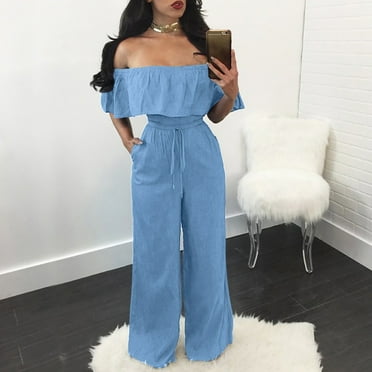 Plus Size Wide Leg Drawstring Solid Color Off The Shoulder 1/4 Sleeve Jumpsuits,Women Strapless Ruffles Easy Denim Jumpsuit Pants Trousers