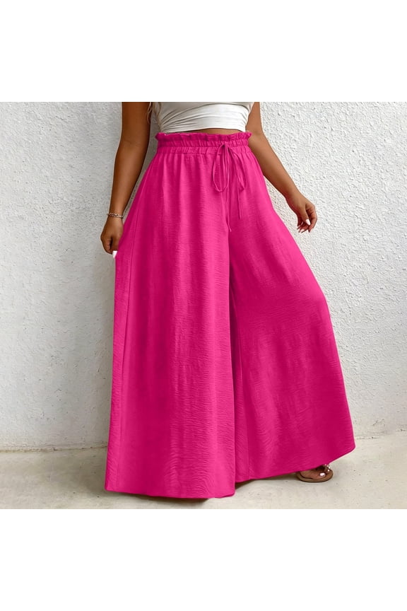 Plus Size Wide Leg Flowy Pants Women Elastic Ruffle Waist Breathable Drawstring Beach Casual Culottes Trousers 4XL