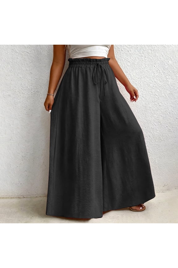 Plus Size Wide Leg Flowy Pants Women Elastic Ruffle Waist Breathable Drawstring Beach Casual Culottes Trousers Black XXL