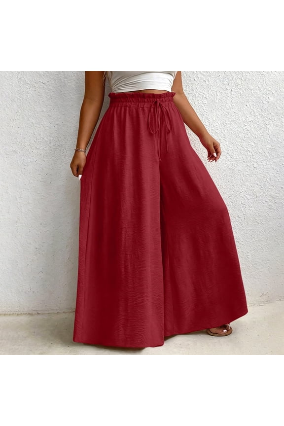 Plus Size Wide Leg Flowy Pants Women Elastic Ruffle Waist Breathable Drawstring Beach Casual Culottes Trousers Watermelon Red Womens Elastic Waist Pants L