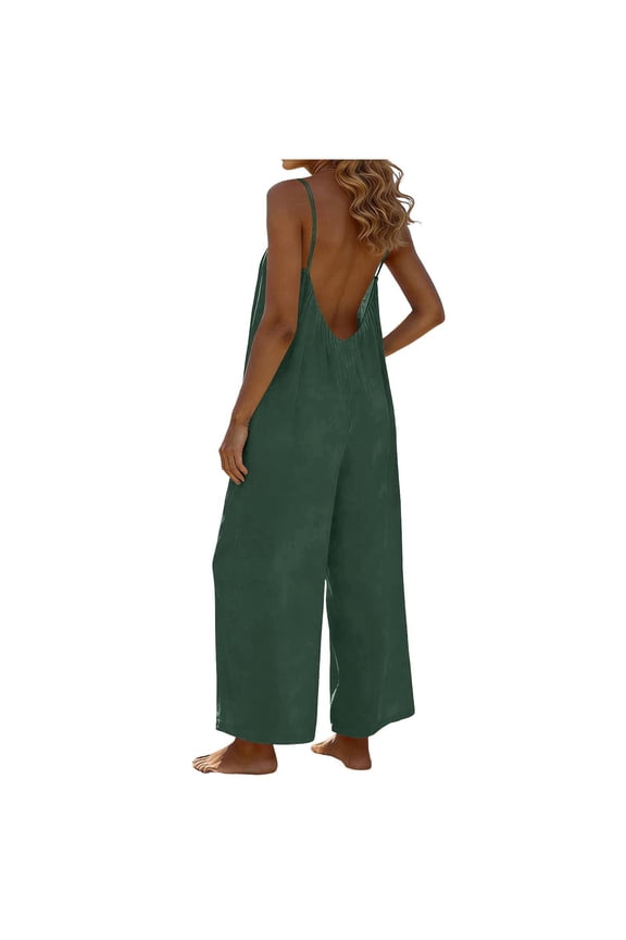Plus Size Wide Leg Jumpsuits for Women Casual Loose Adjustable Strap Backless Romper with Pockets, Beach Vacation Outfits Travel Clothes