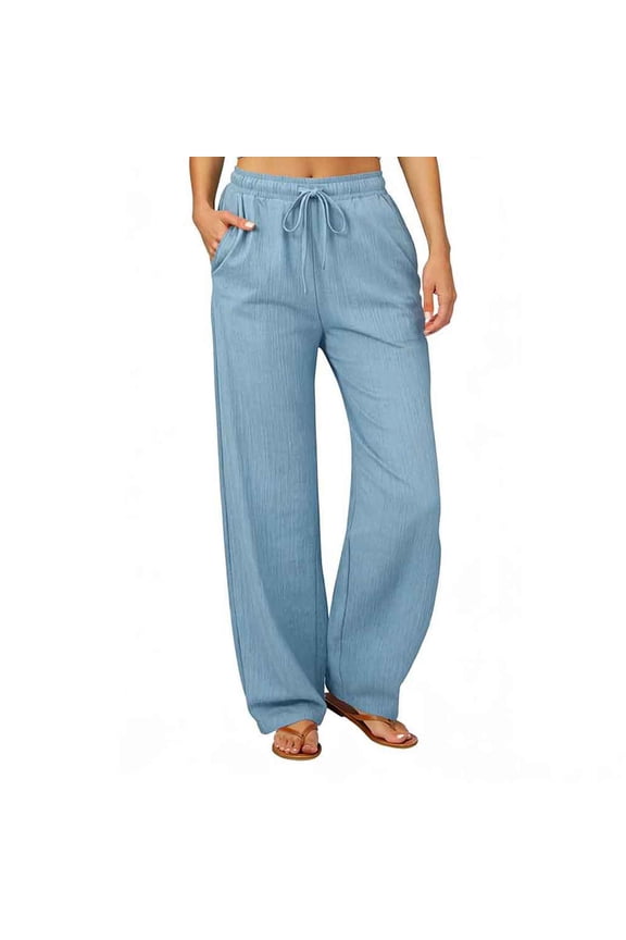 Plus Size Wide Leg Linen Pants Women Drawstring Elastic Waist Palazzo Pants Summer Flowy Gauzy Beach Pants with Pockets Light Blue