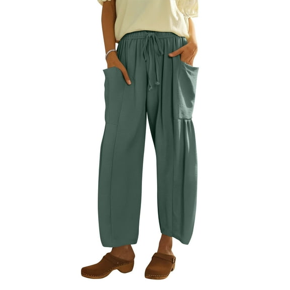 Plus Size Wide Leg Linen Pants for Women Drawstring High Waisted Elastic Waist Trousers Flowy Ankle Length Petite Gauze Pantswith Pockets Green M