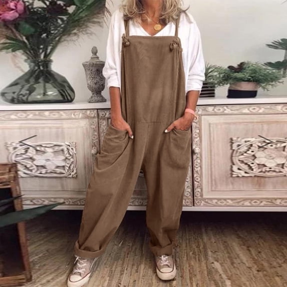 Plus Size Wide Leg Loose Fit Solid Color Rompers,Womens Overalls Casual Dungarees Romper Baggy Playsuit Jumpsuit with Pockets Less