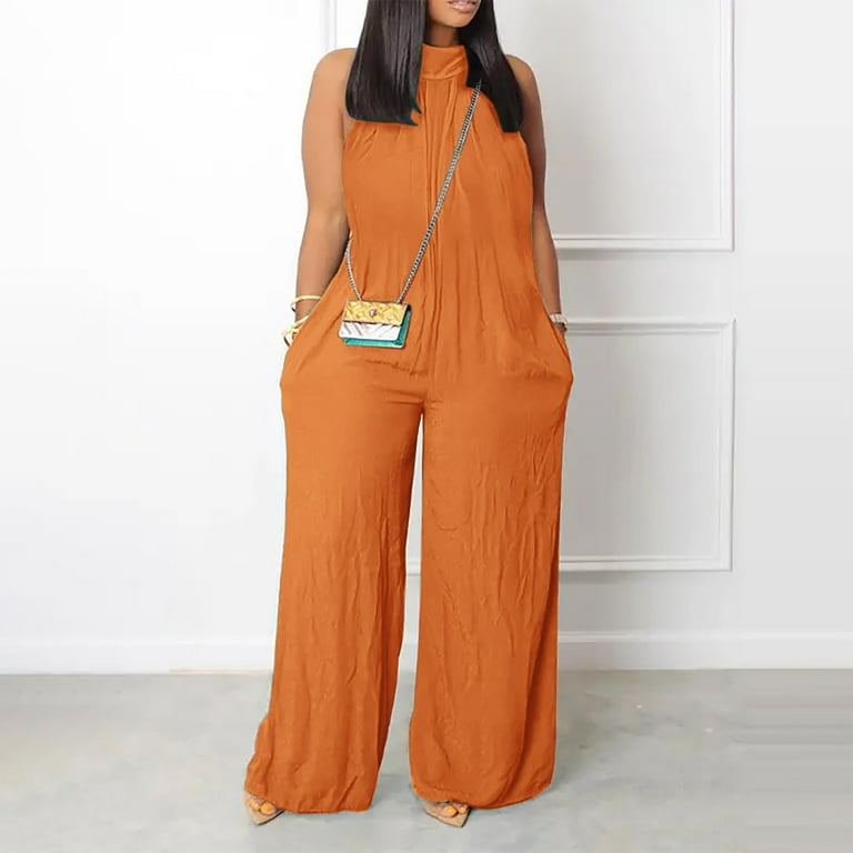Plus Size Wide Leg Loose Fit Solid Color Turtleneck Sleeveless Cotton Bodysuit Womens Overalls Casual Tank Jumpsuit Walmart